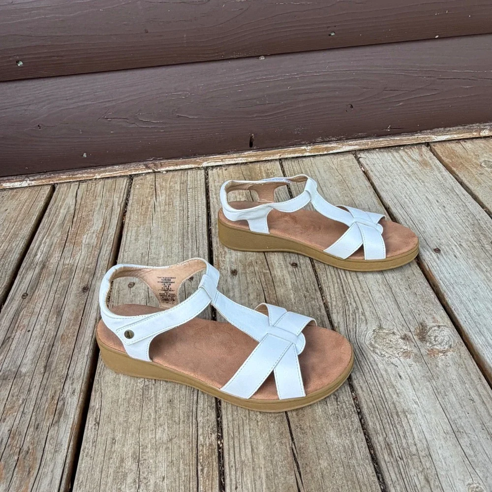 Lands' End Wedge Sandals Womens 11B White T-Strap Comfort Summer Shoes‎